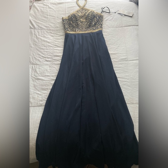NWT Alyce Paris 60043 Gold Beaded Halter Chiffon Maxi Dress 6 Navy Prom Neutral - Picture 1 of 11